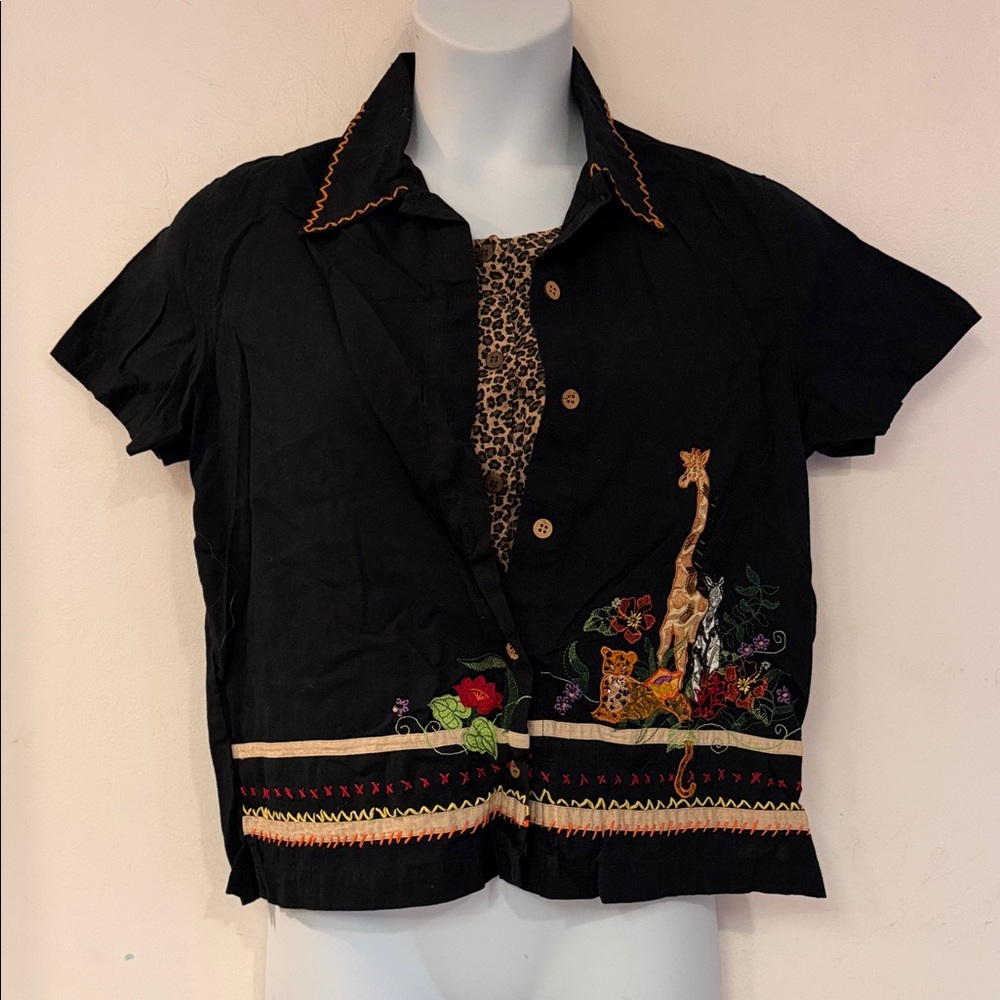 3/$15 Lemon Grass Linen Blend One-Piece Twinset Giraffe Safari Leopard Retro Top